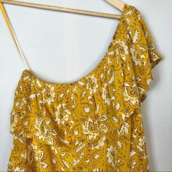 Madewell Silk One-Shoulder Ruffle Top in Yellow Assam Floral S - Picture 9 of 11